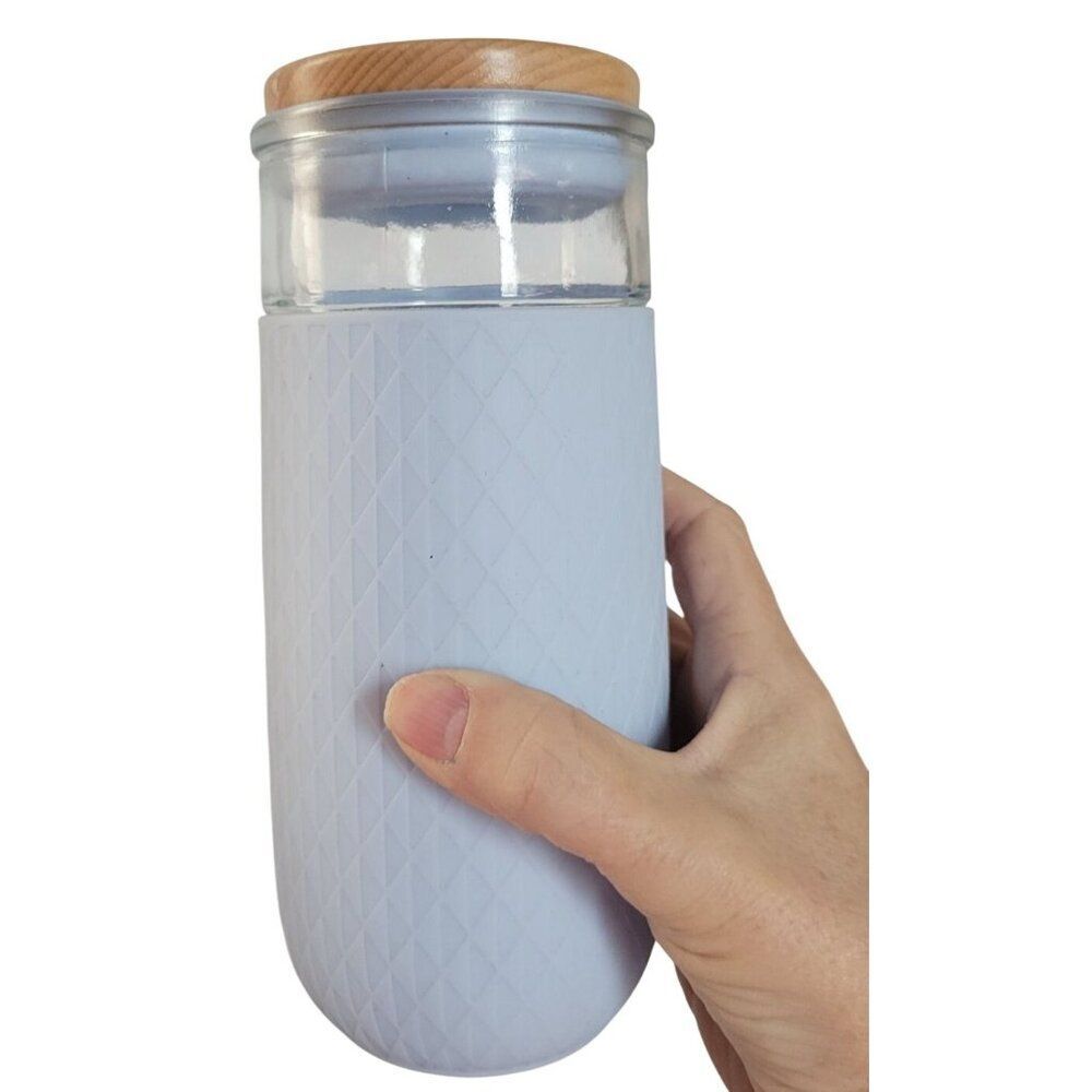 Ello Devon Glass Tumbler Silicone Halgon Blue Sleeve Bamboo Lid 18 Oz